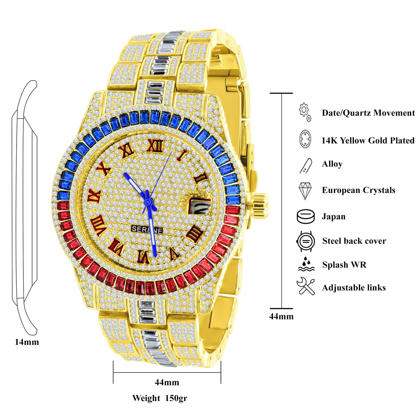Baguette 14K Gold Finish Simulated Diamond Men's Presidential Watch 44mm W/Date