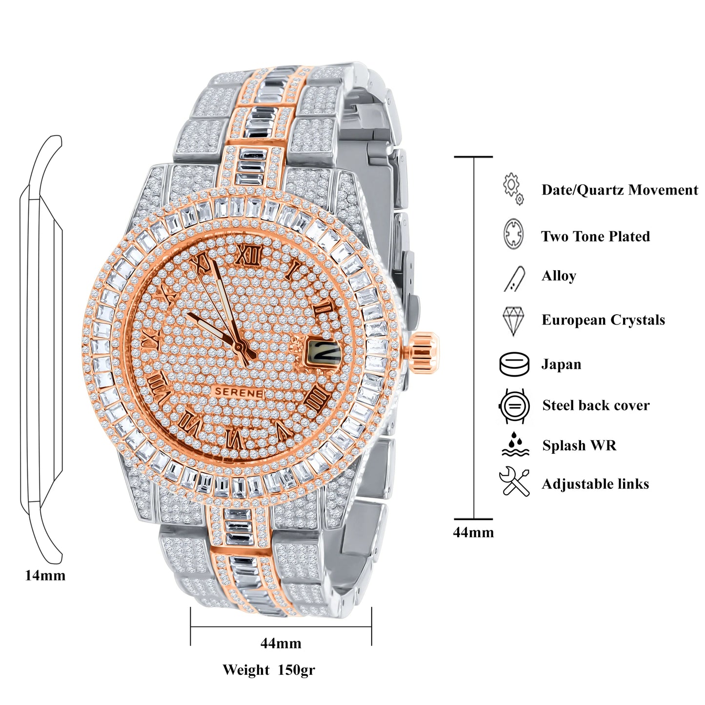 Baguette 14K Gold Finish Simulated Diamond Men's Presidential Watch 44mm W/Date