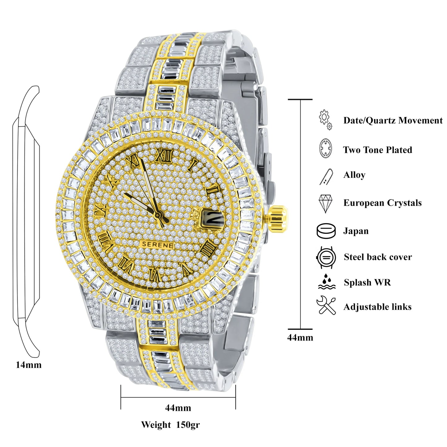 Baguette 14K Gold Finish Simulated Diamond Men's Presidential Watch 44mm W/Date