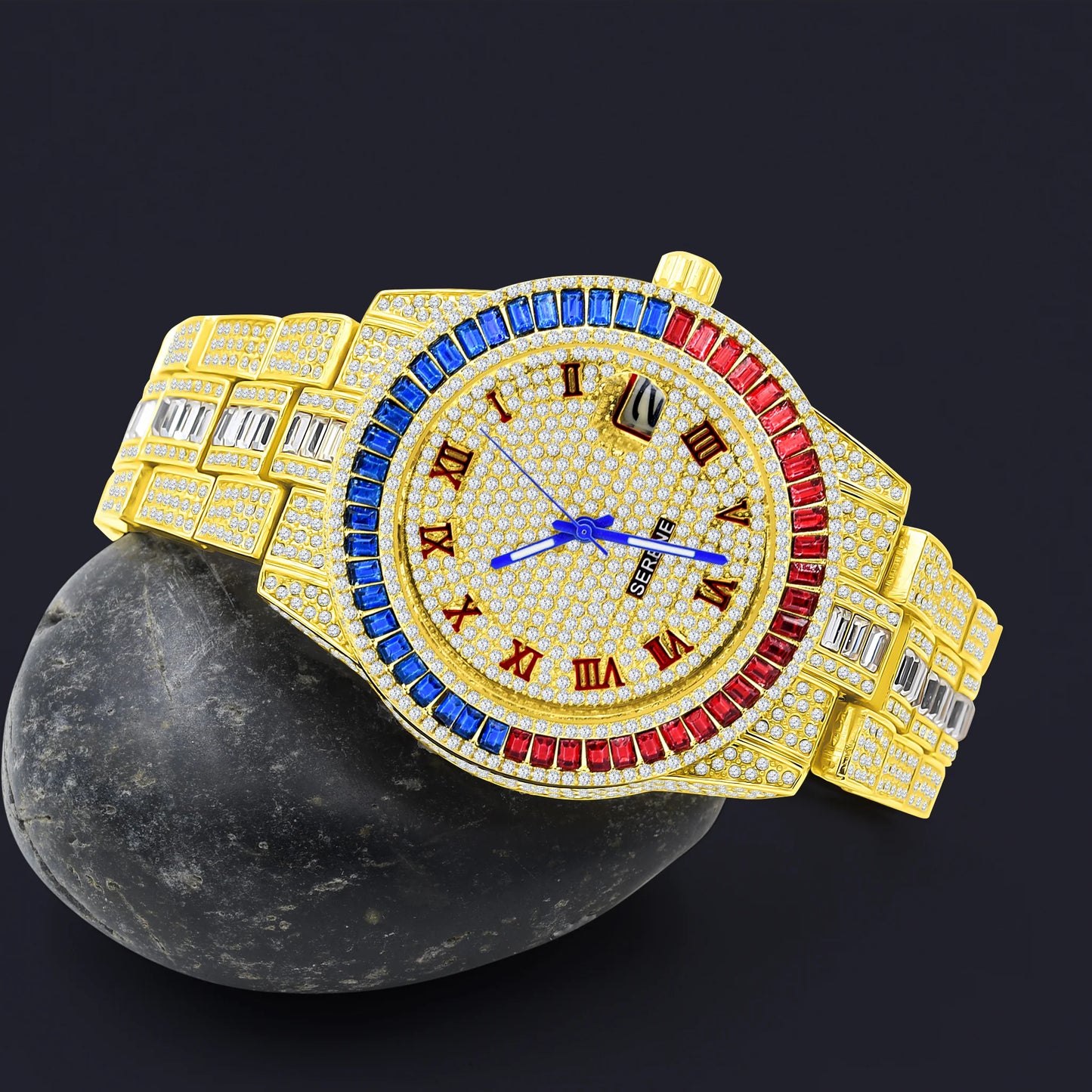 Baguette 14K Gold Finish Simulated Diamond Men's Presidential Watch 44mm W/Date