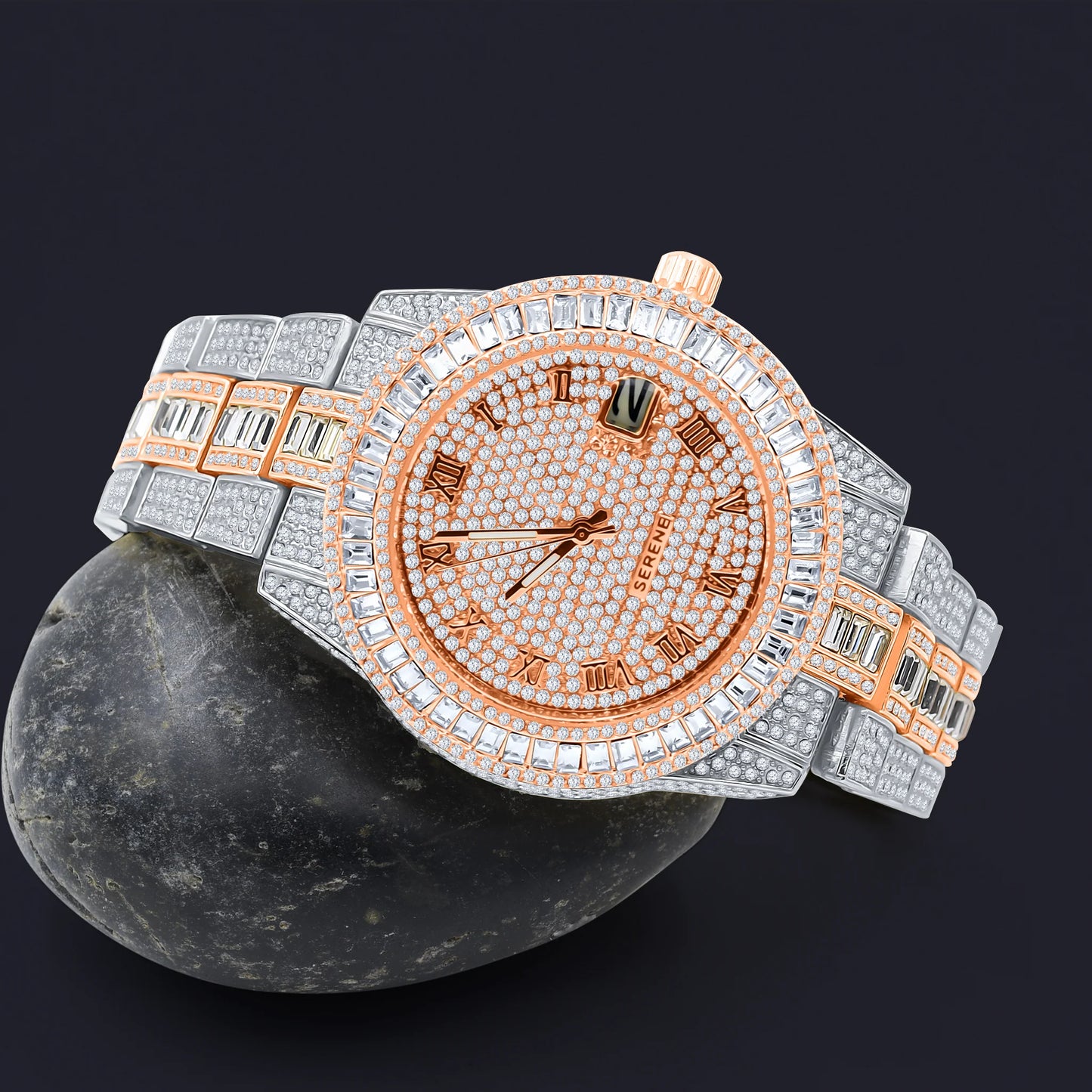 Baguette 14K Gold Finish Simulated Diamond Men's Presidential Watch 44mm W/Date