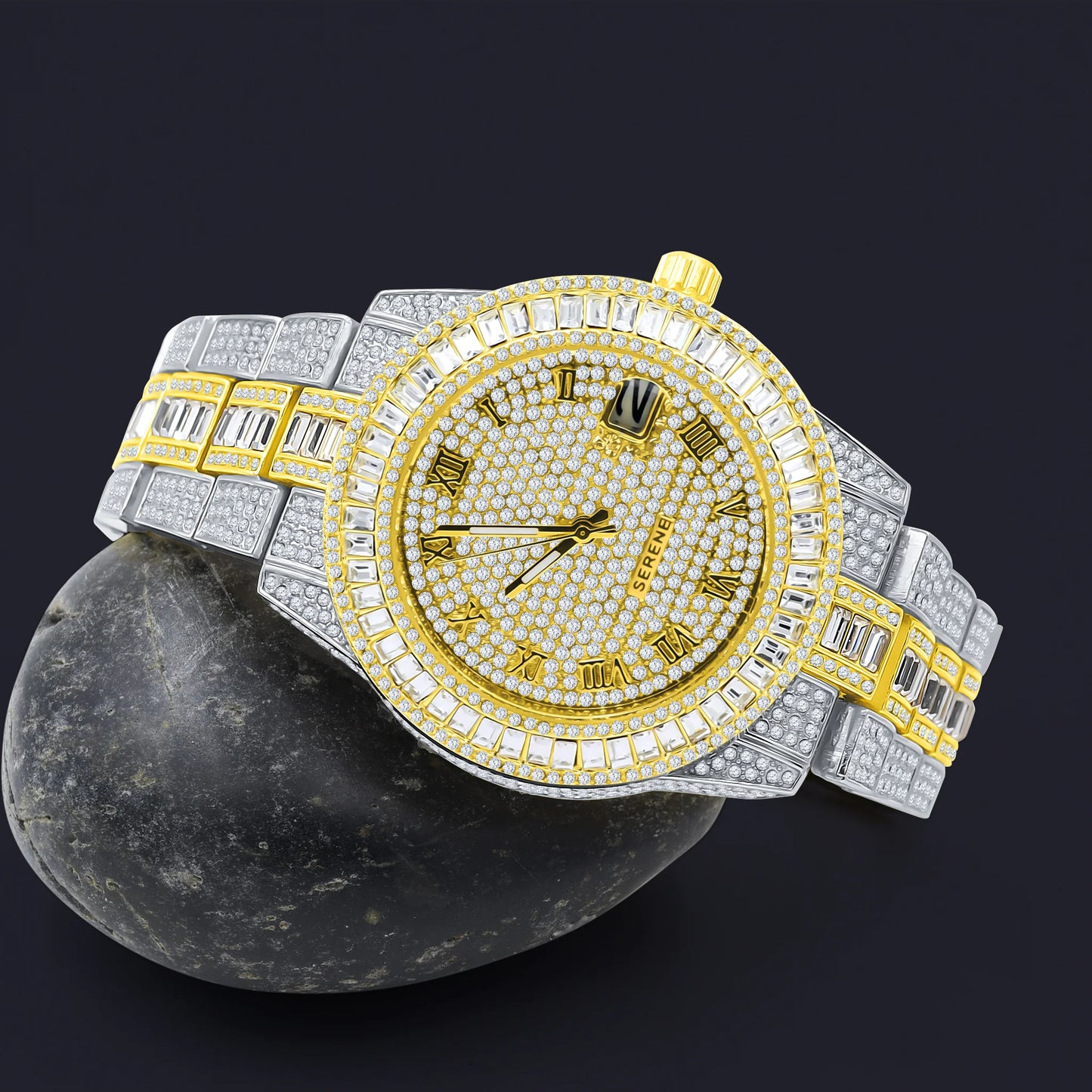 Baguette 14K Gold Finish Simulated Diamond Men's Presidential Watch 44mm W/Date