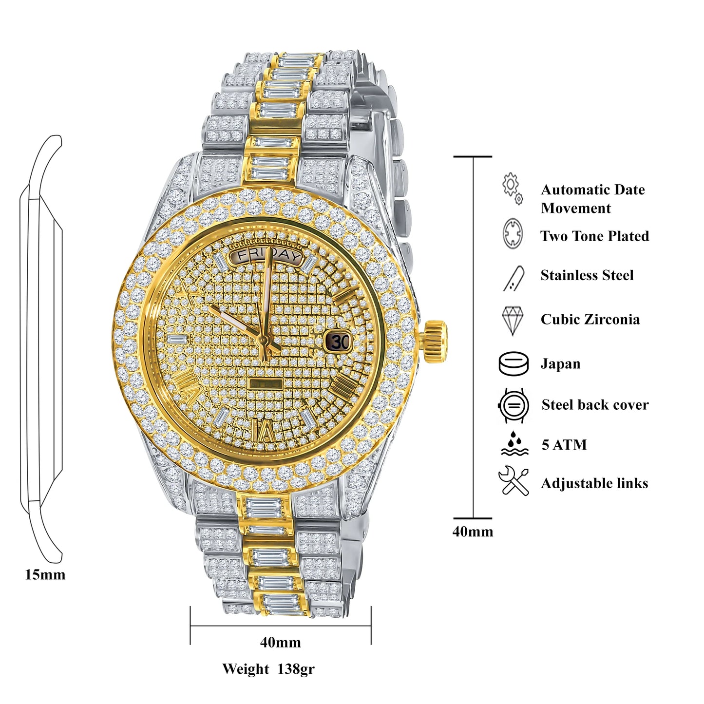 FANCIFUL CRYSTAL WATCH TWO TONE GOLD Richly embellished with crystal clear stone
