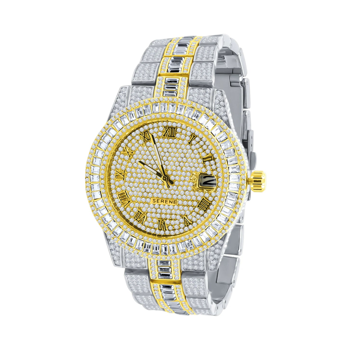 Baguette 14K Gold Finish Simulated Diamond Men's Presidential Watch 44mm W/Date