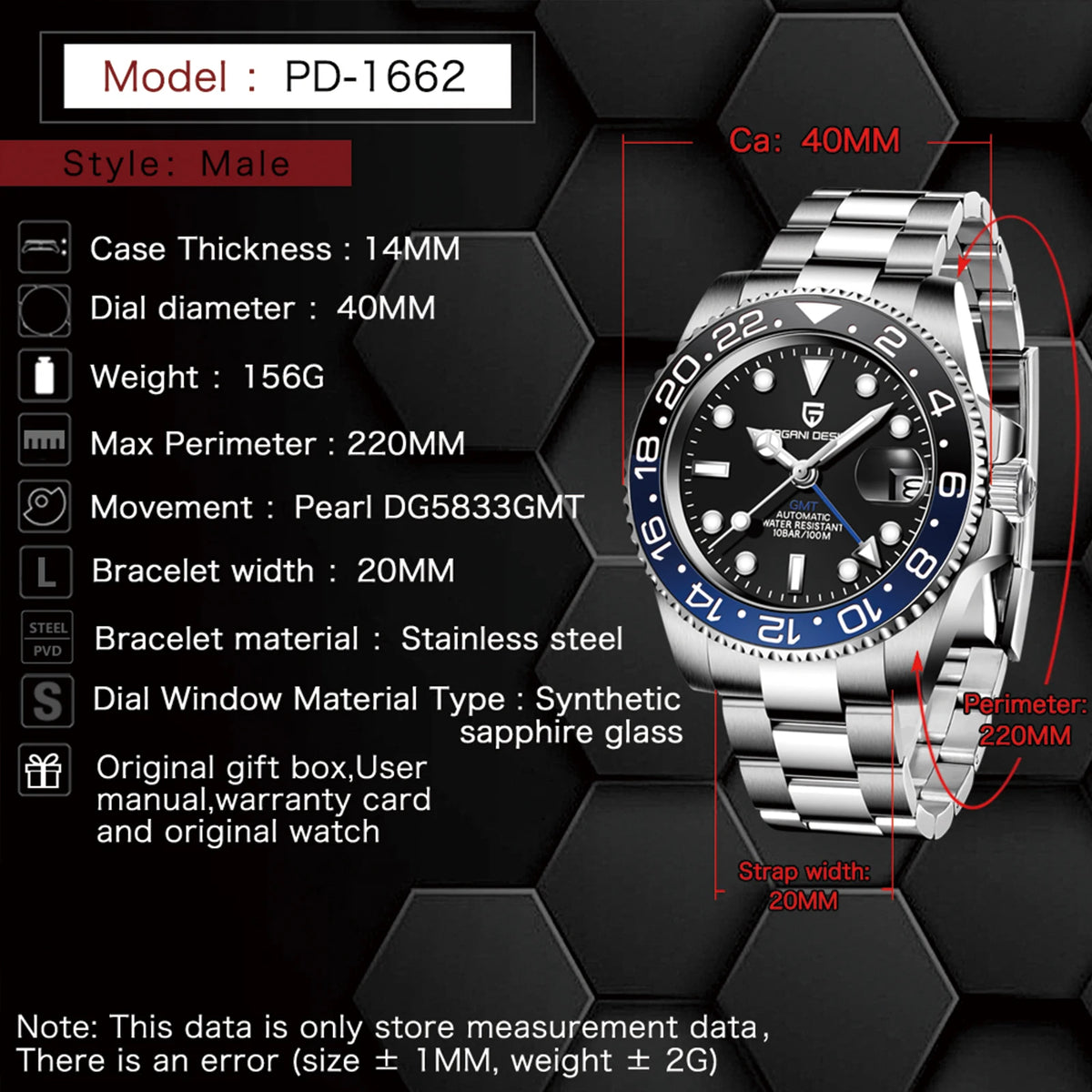 Watch with detailed specifications on a dark geometric background