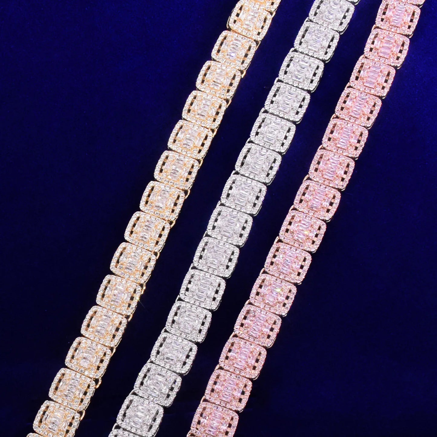 3AAA+ 12MM Baguette Necklace for Men Tennis Chain Choker Real Gold Plated Hip Hop Jewelry Christmas Gift