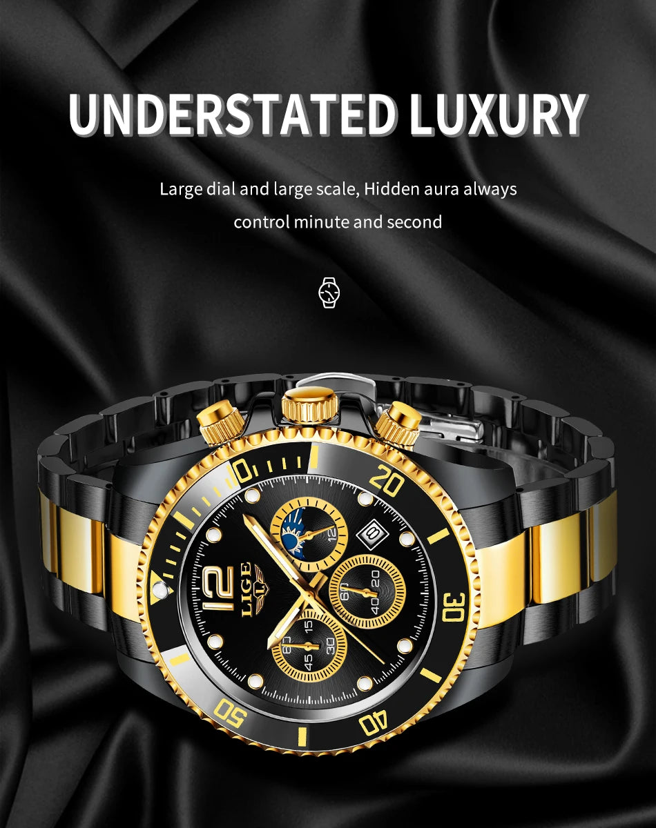 LIGE Top Brand Luxury Men Watch Business Stainless Steel Quartz Wristwatches Luminous Waterproof Watch for Men Clock Gift+Box