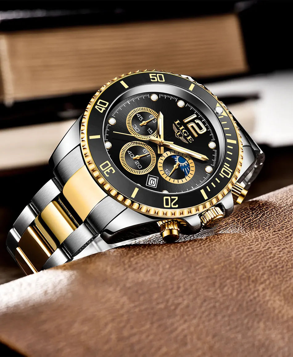 LIGE Top Brand Luxury Men Watch Business Stainless Steel Quartz Wristwatches Luminous Waterproof Watch for Men Clock Gift+Box