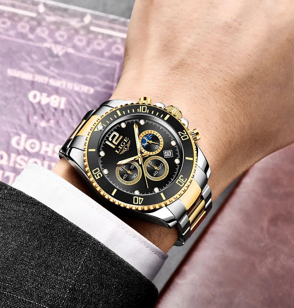 LIGE Top Brand Luxury Men Watch Business Stainless Steel Quartz Wristwatches Luminous Waterproof Watch for Men Clock Gift+Box