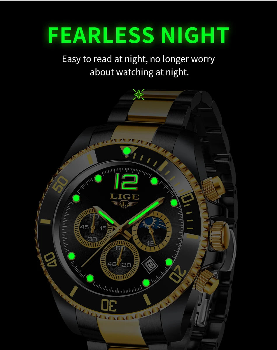 LIGE Top Brand Luxury Men Watch Business Stainless Steel Quartz Wristwatches Luminous Waterproof Watch for Men Clock Gift+Box