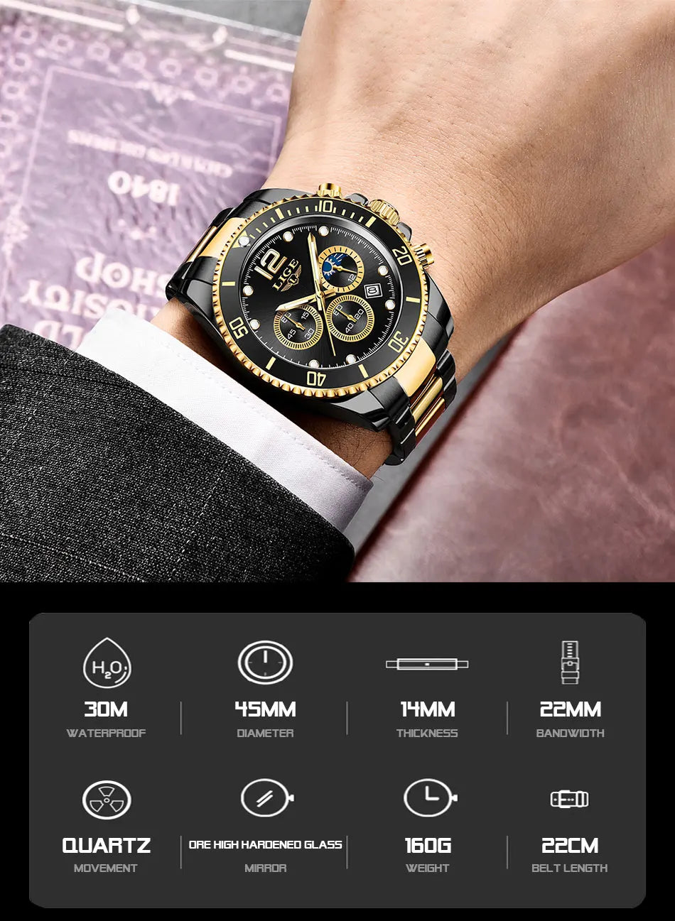 LIGE Top Brand Luxury Men Watch Business Stainless Steel Quartz Wristwatches Luminous Waterproof Watch for Men Clock Gift+Box