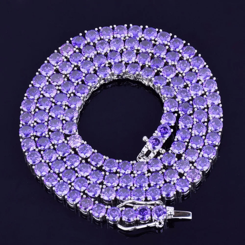 5AAA+ Purple Tennis Chain Necklace Hip Hop Rock Street Jewelry Cubic Zirconia 24K Real Gold Color Plated