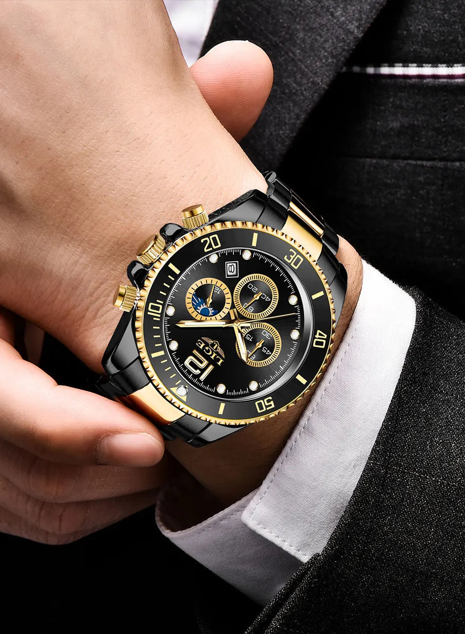 LIGE Top Brand Luxury Men Watch Business Stainless Steel Quartz Wristwatches Luminous Waterproof Watch for Men Clock Gift+Box