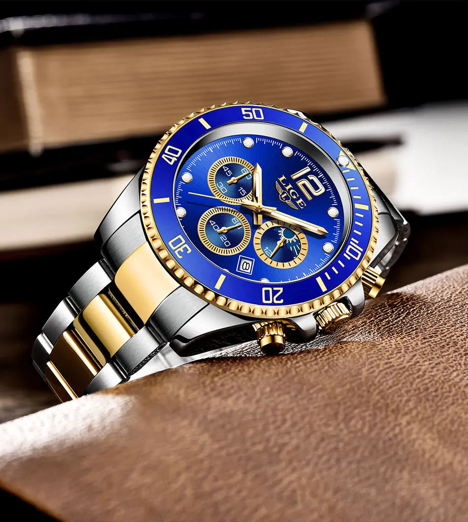 LIGE Top Brand Luxury Men Watch Business Stainless Steel Quartz Wristwatches Luminous Waterproof Watch for Men Clock Gift+Box