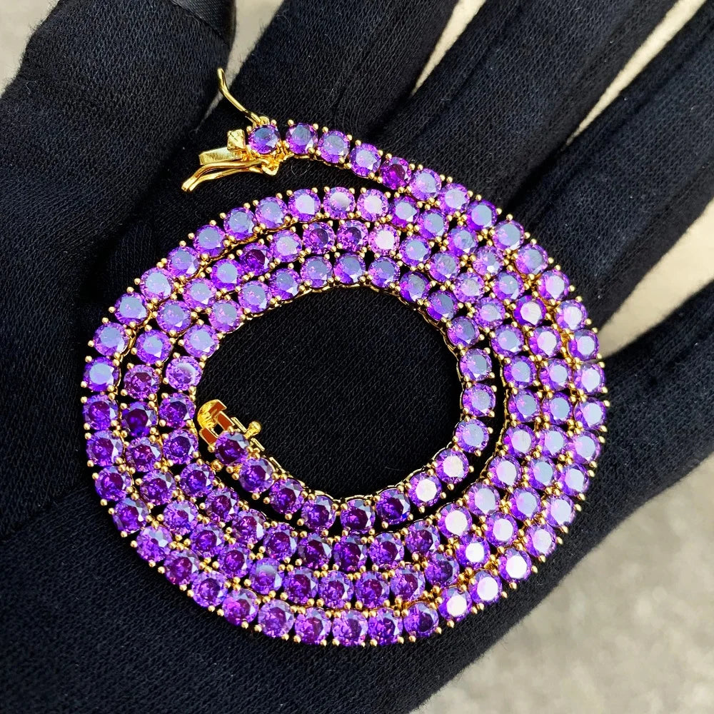 5AAA+ Purple Tennis Chain Necklace Hip Hop Rock Street Jewelry Cubic Zirconia 24K Real Gold Color Plated