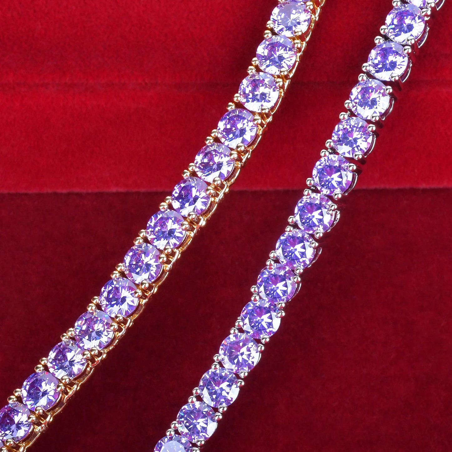5AAA+ Purple Tennis Chain Necklace Hip Hop Rock Street Jewelry Cubic Zirconia 24K Real Gold Color Plated