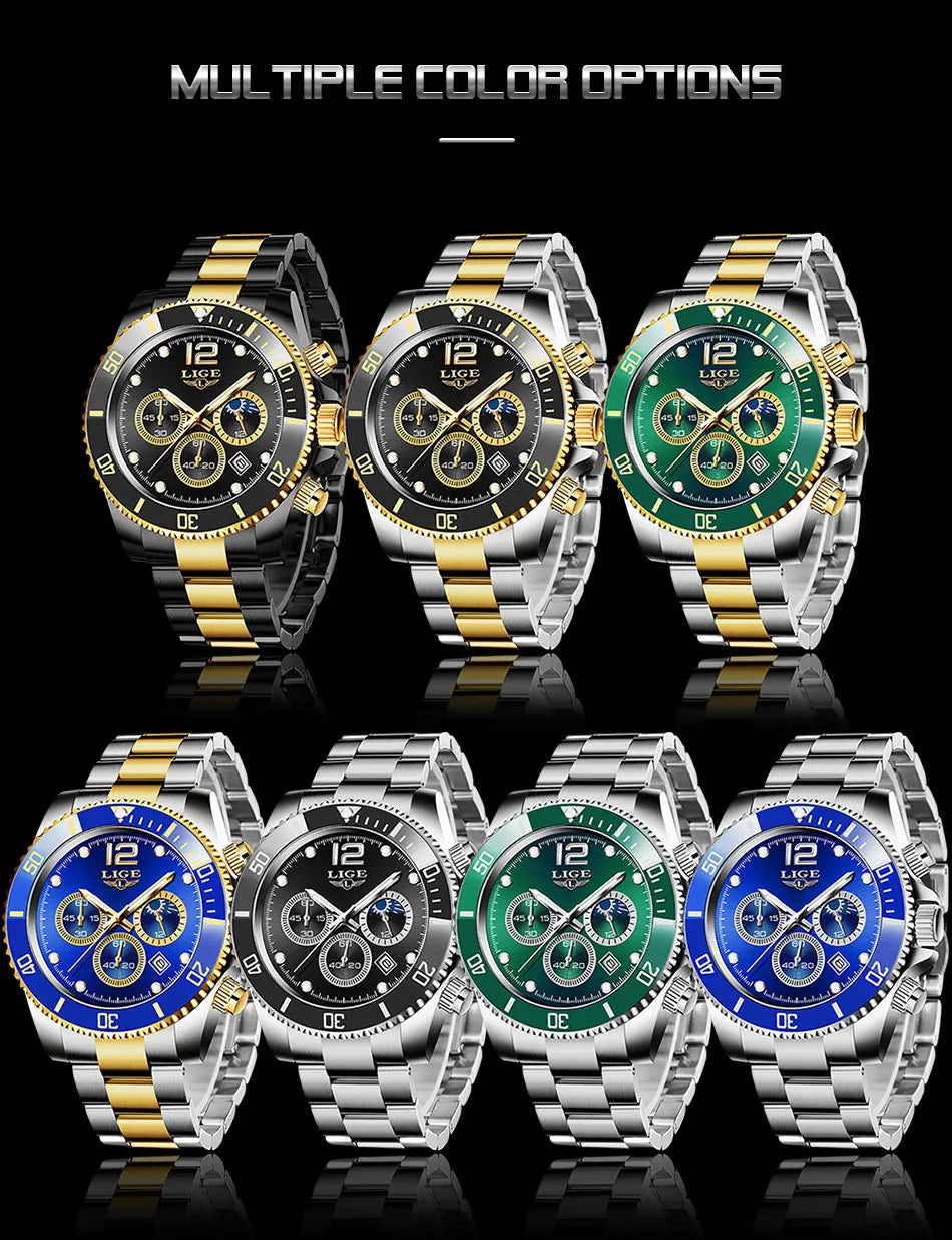LIGE Top Brand Luxury Men Watch Business Stainless Steel Quartz Wristwatches Luminous Waterproof Watch for Men Clock Gift+Box