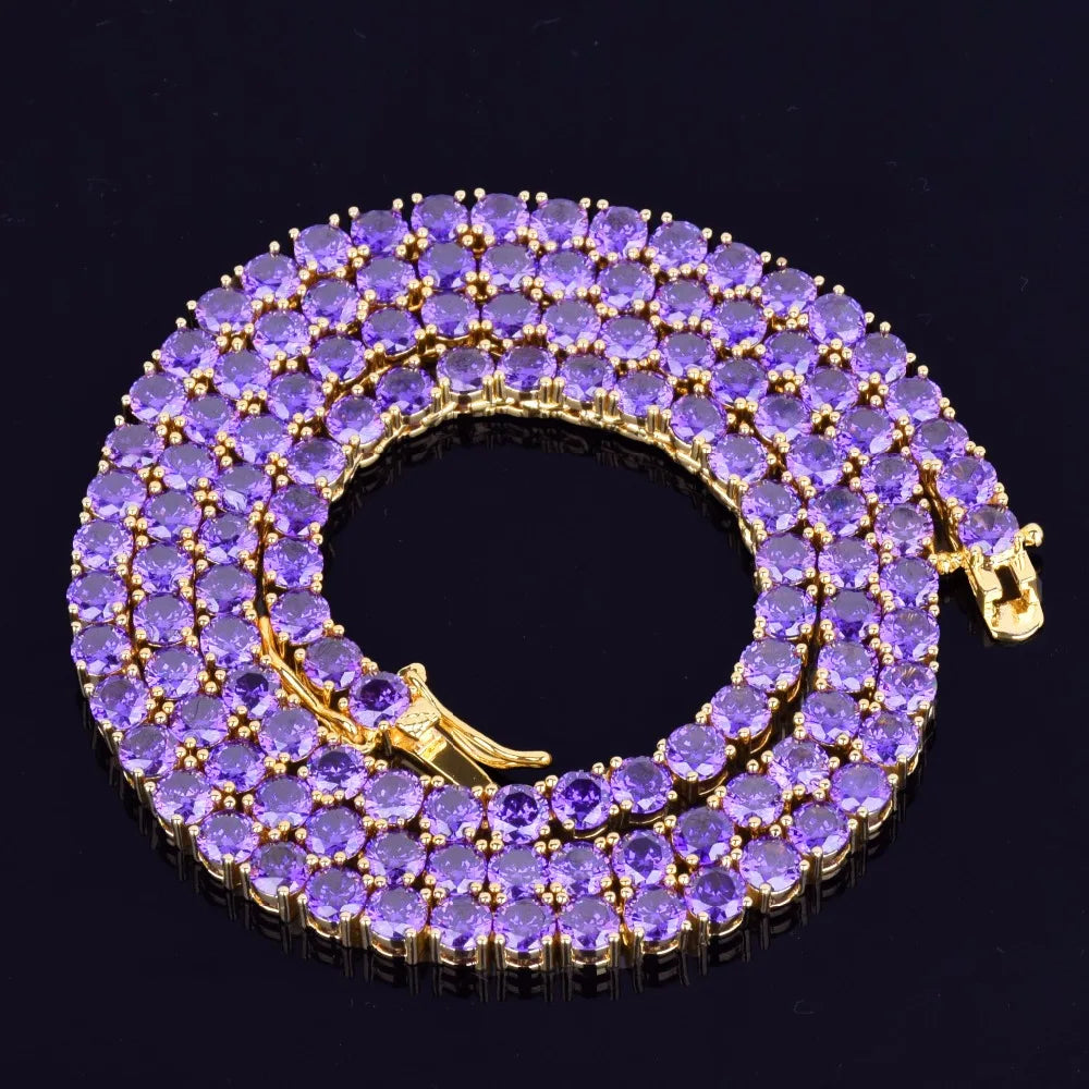 5AAA+ Purple Tennis Chain Necklace Hip Hop Rock Street Jewelry Cubic Zirconia 24K Real Gold Color Plated