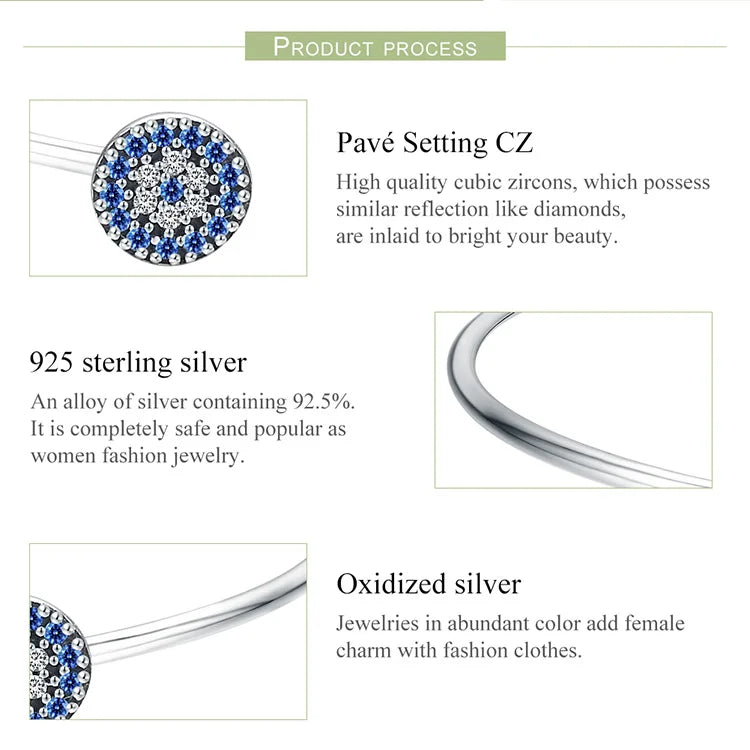 925 Sterling Silver Blue Zircon Lucky Eyes Bracelet for Women Open Cuff Bangle Classic Luxury Jewelry