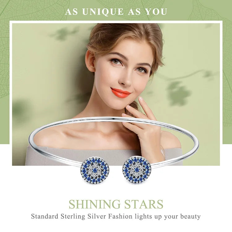 925 Sterling Silver Blue Zircon Lucky Eyes Bracelet for Women Open Cuff Bangle Classic Luxury Jewelry