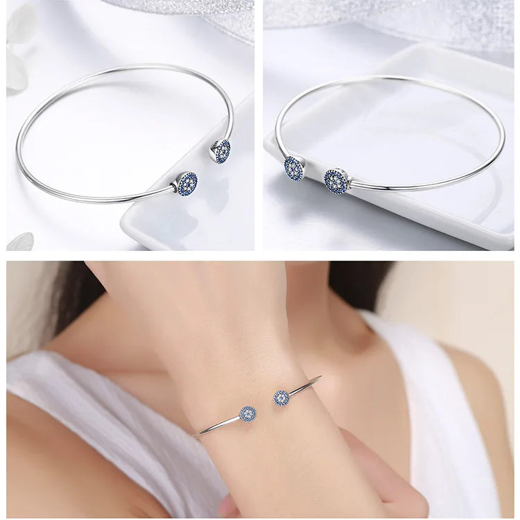 925 Sterling Silver Blue Zircon Lucky Eyes Bracelet for Women Open Cuff Bangle Classic Luxury Jewelry