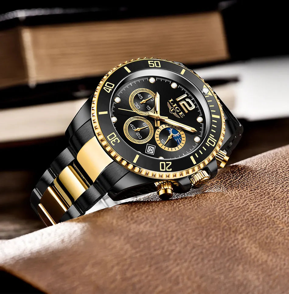 LIGE Top Brand Luxury Men Watch Business Stainless Steel Quartz Wristwatches Luminous Waterproof Watch for Men Clock Gift+Box