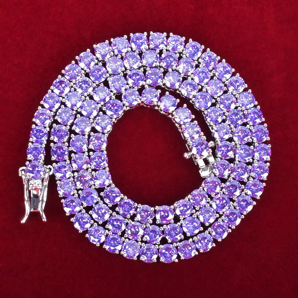 5AAA+ Purple Tennis Chain Necklace Hip Hop Rock Street Jewelry Cubic Zirconia 24K Real Gold Color Plated
