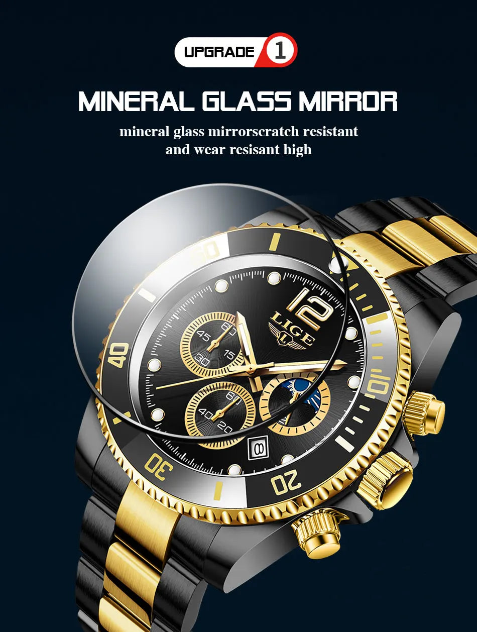 LIGE Top Brand Luxury Men Watch Business Stainless Steel Quartz Wristwatches Luminous Waterproof Watch for Men Clock Gift+Box