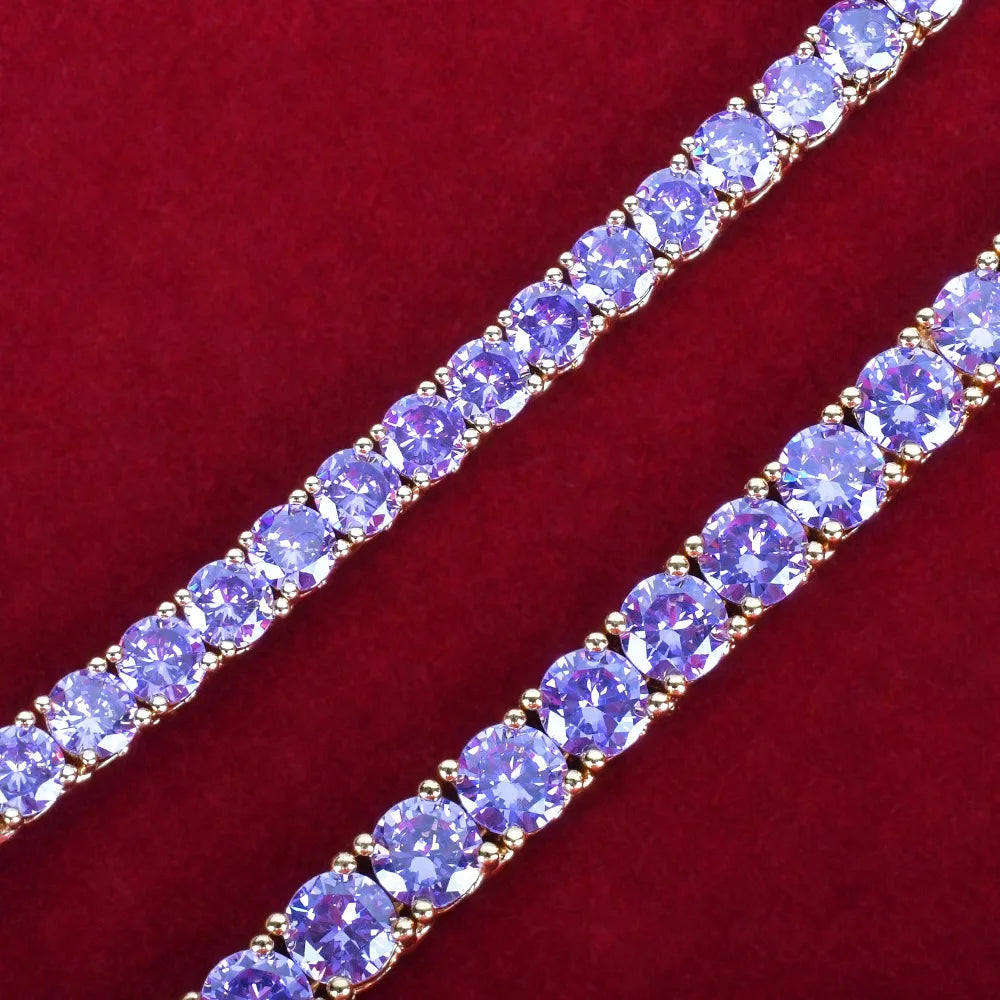 5AAA+ Purple Tennis Chain Necklace Hip Hop Rock Street Jewelry Cubic Zirconia 24K Real Gold Color Plated