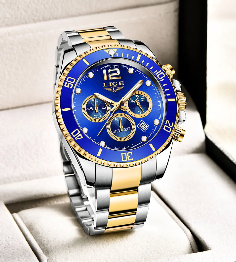 LIGE Top Brand Luxury Men Watch Business Stainless Steel Quartz Wristwatches Luminous Waterproof Watch for Men Clock Gift+Box