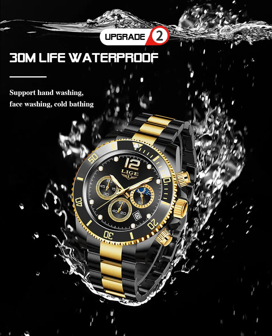 LIGE Top Brand Luxury Men Watch Business Stainless Steel Quartz Wristwatches Luminous Waterproof Watch for Men Clock Gift+Box