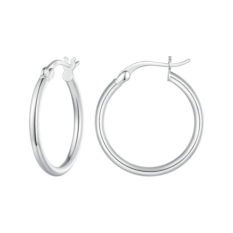 925 Sterling Silver Bold Classic Hypoallergenic Hoop Earrings, 14K White Gold Plated Standard Tube Earrings for Women