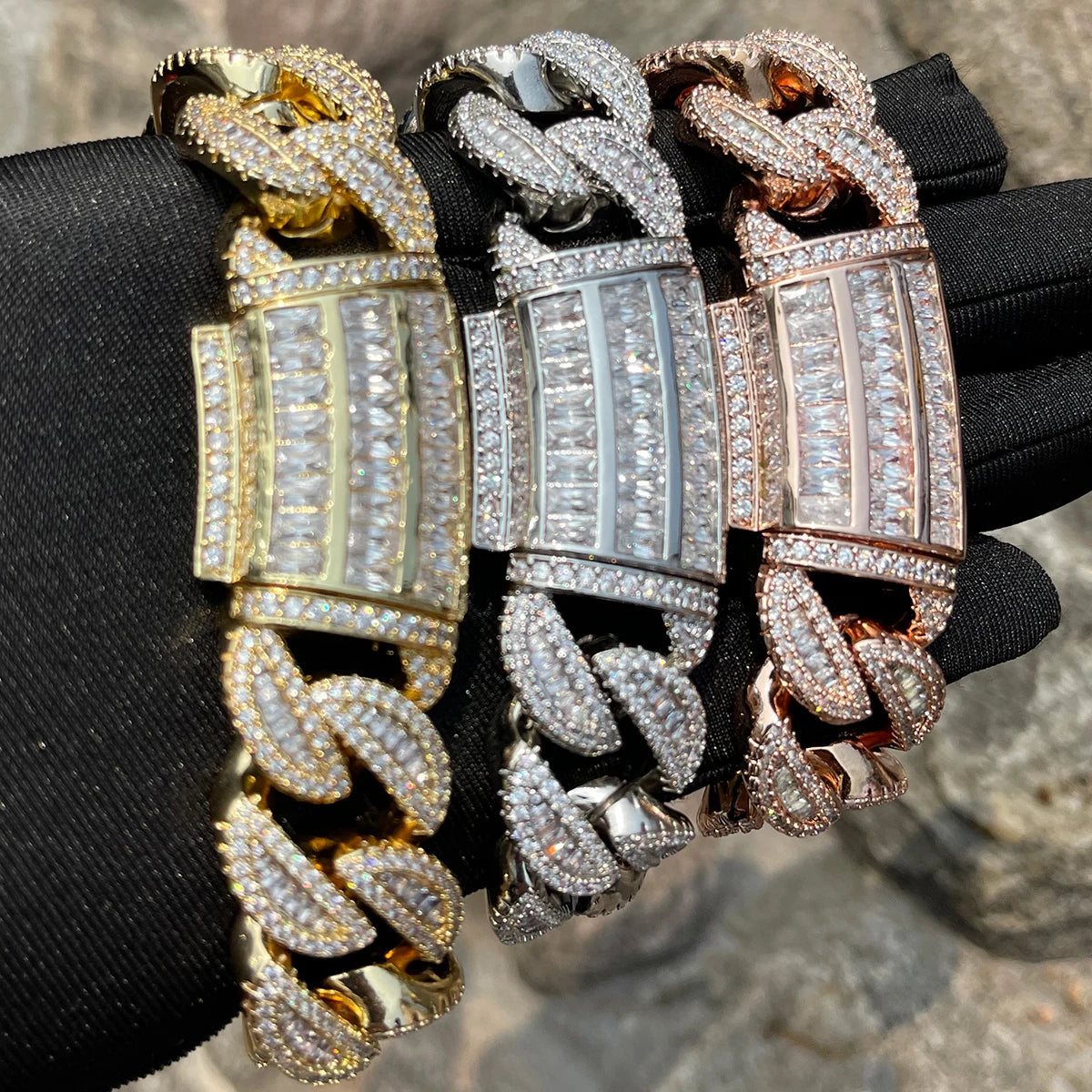 5AAA+ CZ Ice Out Hop Hip Baguette Cuban Chain Bracelet 24k Real Gold Plated 20MM