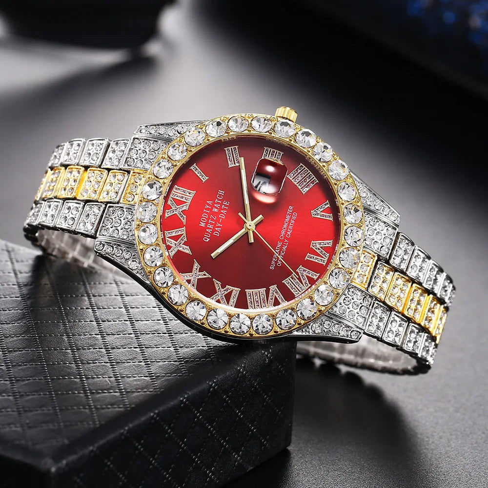 Iced Roman Numerals Round Cut Men's Watch in White Gold Rhinestone