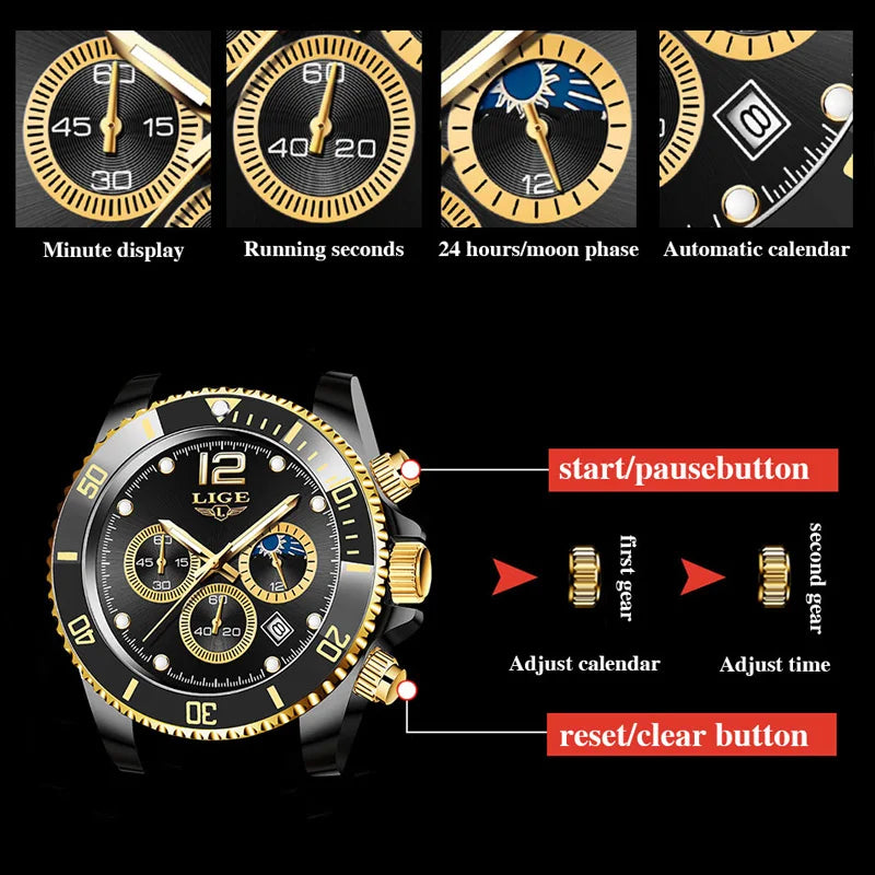 LIGE Top Brand Luxury Men Watch Business Stainless Steel Quartz Wristwatches Luminous Waterproof Watch for Men Clock Gift+Box