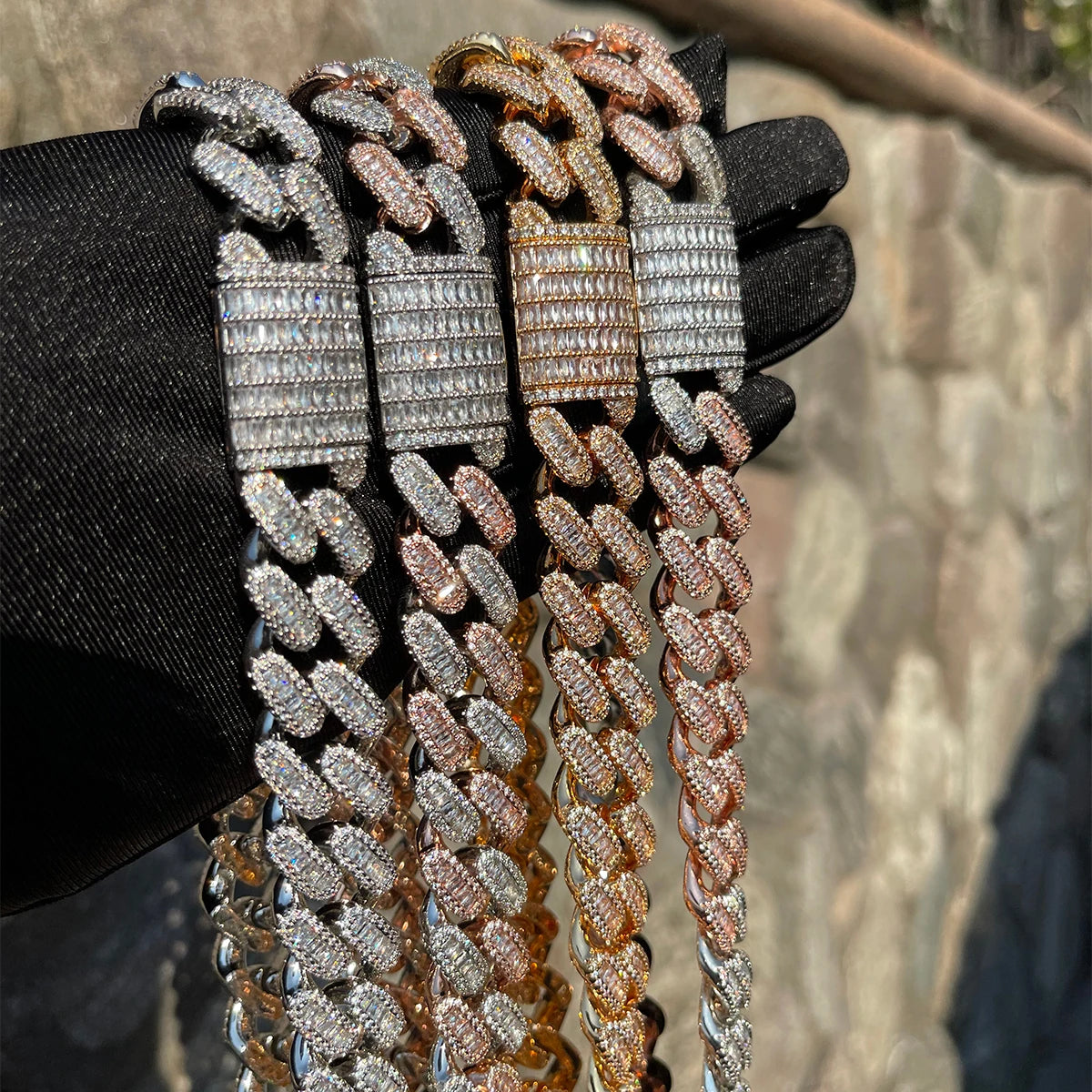 5AAA+ CZ Hop Hip Ice Out Bling Baguette Chain Necklace 14k Real Gold Plated 15MM