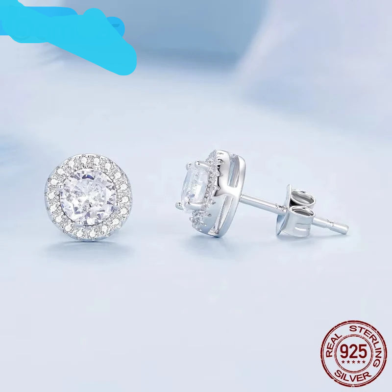 Platinum Plated Halo CZ Stud Earrings 925 Sterling Silver Hypoallergenic