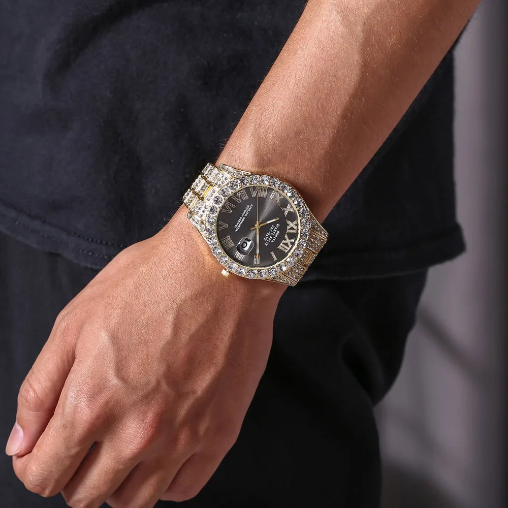 Iced Roman Numerals Round Cut Men's Watch in White Gold Rhinestone