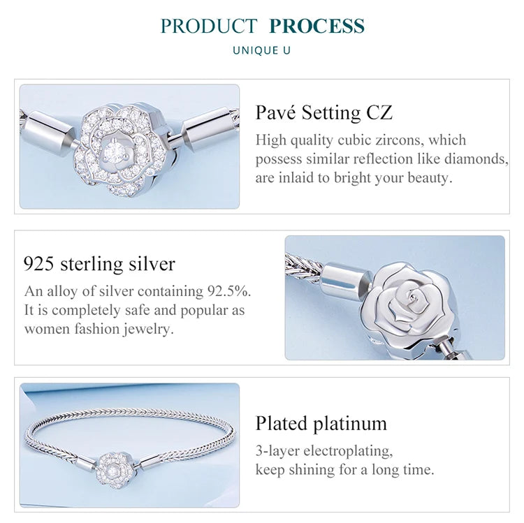 925 Sterling Silver Zircon Rose Buckle Bracelet Snake Chain for Women Bead Charm