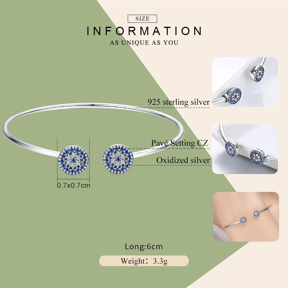 925 Sterling Silver Blue Zircon Lucky Eyes Bracelet for Women Open Cuff Bangle Classic Luxury Jewelry