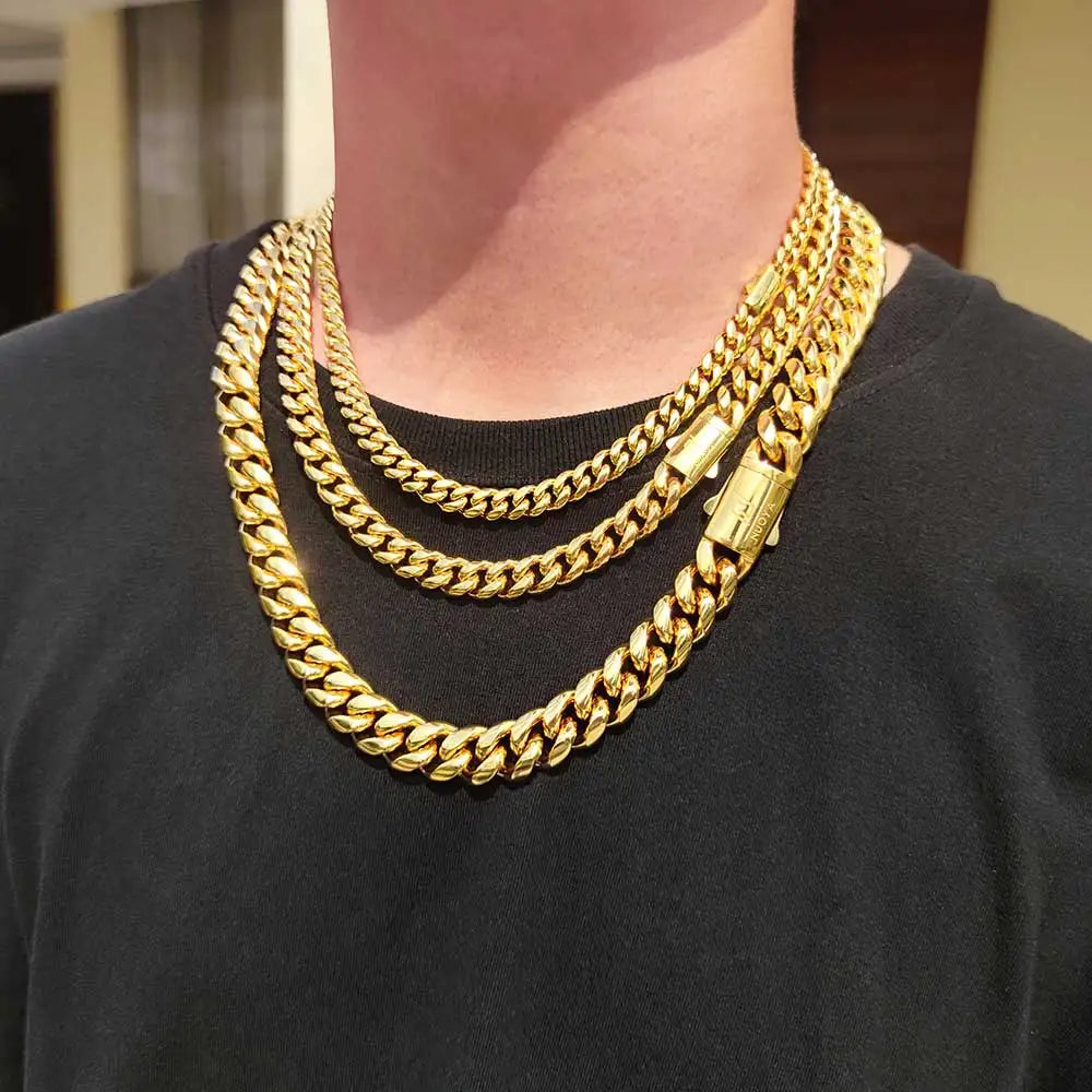 8-14mm Stainless Steel Gold Cuban Chain Curb Link Necklace