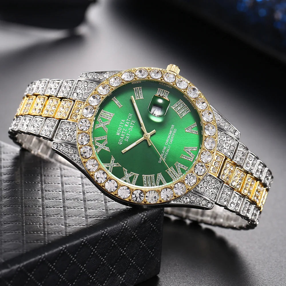 Iced Roman Numerals Round Cut Men's Watch in White Gold Rhinestone