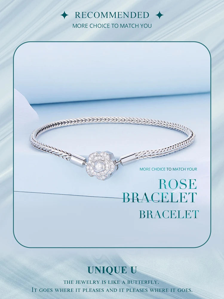 925 Sterling Silver Zircon Rose Buckle Bracelet Snake Chain for Women Bead Charm