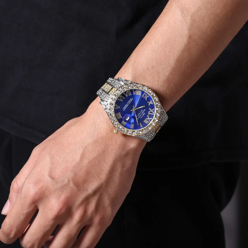 Iced Roman Numerals Round Cut Men's Watch in White Gold Rhinestone