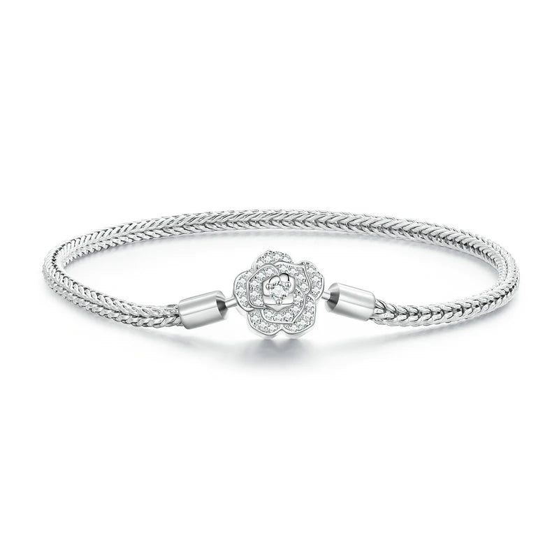 925 Sterling Silver Zircon Rose Buckle Bracelet Snake Chain for Women Bead Charm