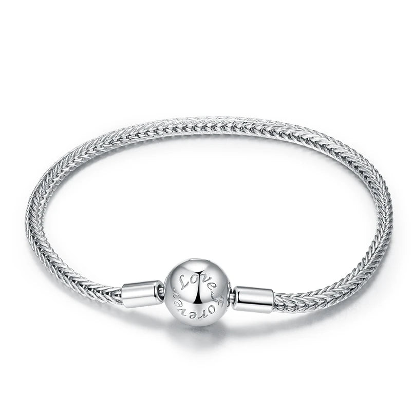 925 Sterling Silver Zircon Rose Buckle Bracelet Snake Chain for Women Bead Charm