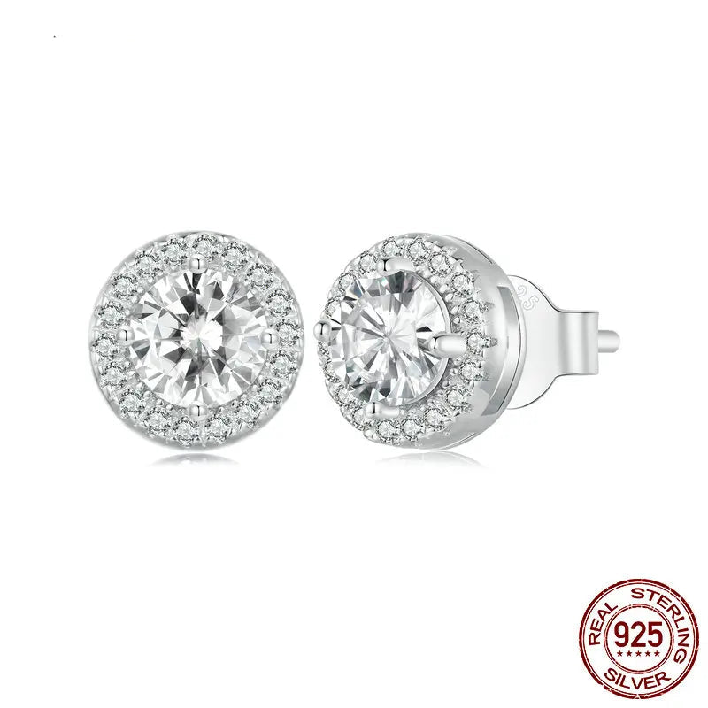 Platinum Plated Halo CZ Stud Earrings 925 Sterling Silver Hypoallergenic