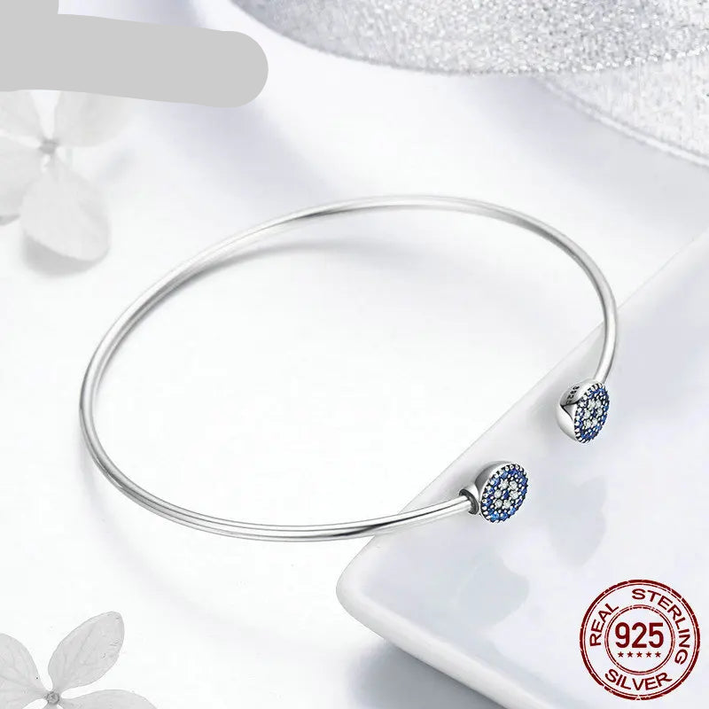 925 Sterling Silver Blue Zircon Lucky Eyes Bracelet for Women Open Cuff Bangle Classic Luxury Jewelry