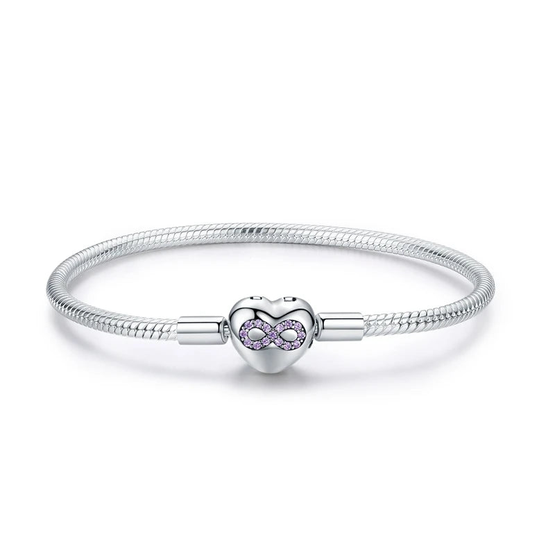 925 Sterling Silver Zircon Rose Buckle Bracelet Snake Chain for Women Bead Charm