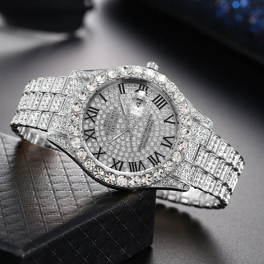 Iced Roman Numerals Round Cut Men's Watch in White Gold Rhinestone